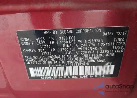2018 Subaru Outback 2.5I Premium from USA, damaged, VIN 4S4BSAFC6J3282070